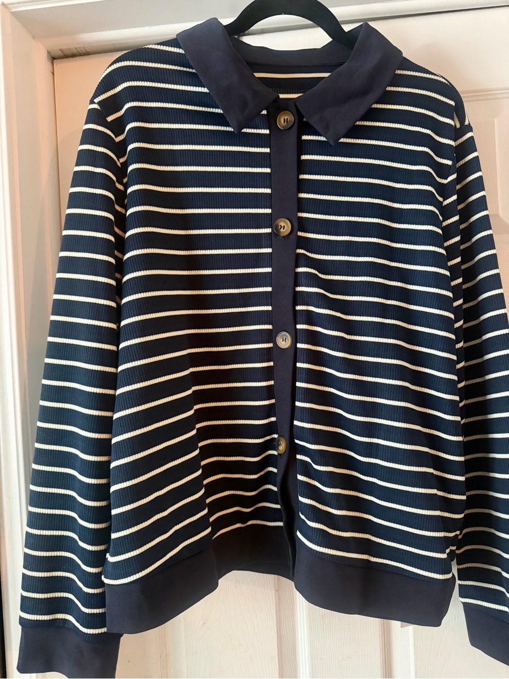 Striped Navy and White Button-Up Women's Jacket